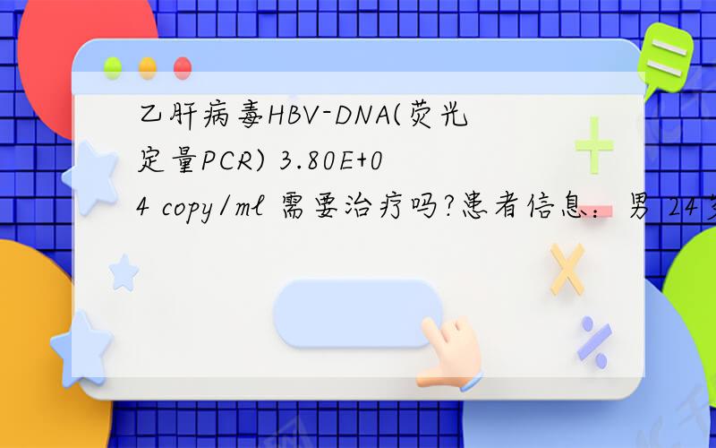 乙肝病毒HBV-DNA(荧光定量PCR) 3.80E+04 copy/ml 需要治疗吗?患者信息：男 24岁