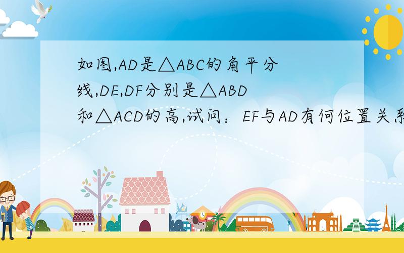 如图,AD是△ABC的角平分线,DE,DF分别是△ABD和△ACD的高,试问：EF与AD有何位置关系?试证明.快