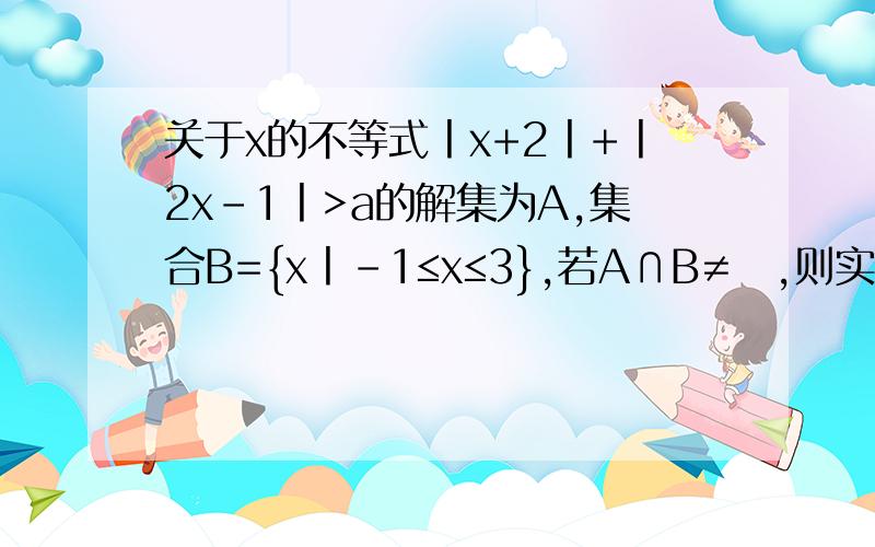 关于x的不等式丨x+2丨+丨2x-1丨>a的解集为A,集合B={x丨-1≤x≤3},若A∩B≠∅,则实数a的取值范围是