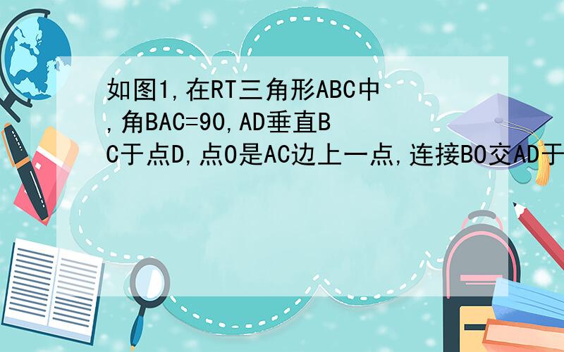 如图1,在RT三角形ABC中,角BAC=90,AD垂直BC于点D,点O是AC边上一点,连接BO交AD于F,OE垂直OB交BC边于点当O为AC边中点,AC：AB=2时,如图2,求OF：OE的值.当O为AC边中点,AC：AB=n时,请直接写出OF：OE的值