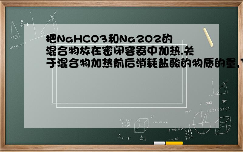 把NaHCO3和Na2O2的混合物放在密闭容器中加热.关于混合物加热前后消耗盐酸的物质的量,下列结论判断正确的是：A 加热前消耗的多；B 加热后消耗的多；C 加热前后一样多；D 与加入的NaHCO3和Na2O
