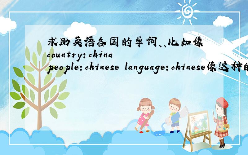 求助英语各国的单词、、比如像country：china people：chinese language：chinese像这种的格式 帮忙写20个国家的 不包括中国 英国和美国