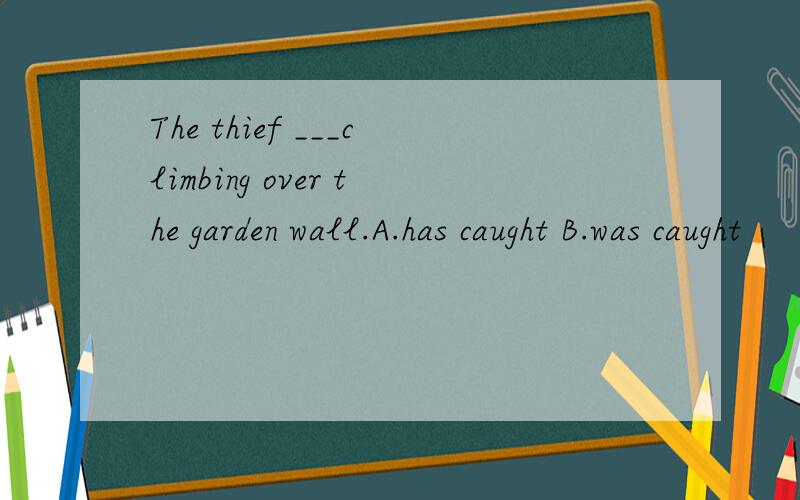 The thief ___climbing over the garden wall.A.has caught B.was caught