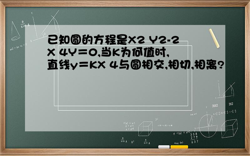 已知圆的方程是X2 Y2-2X 4Y＝0,当K为何值时,直线y＝KX 4与圆相交,相切,相离?
